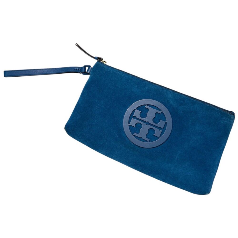 Tory Burch Symphony Blue Suede Leather Charlie Clutch Zip Bag
